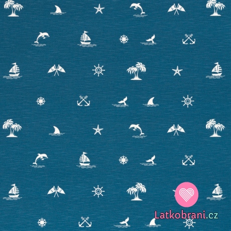 Viskózový úplet potisk mořský svět na modré