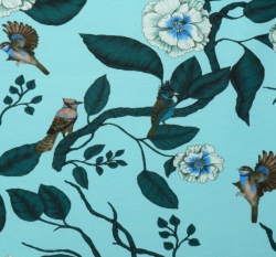 Úplet potisk květy a ptáčci na modrém podkladu