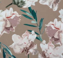 Silky / umělé hedvábí / pavučinka potisk magnolie na velbloudí hnědé 