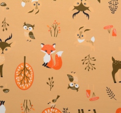 Úplet potisk lesní zvířátka na okrové