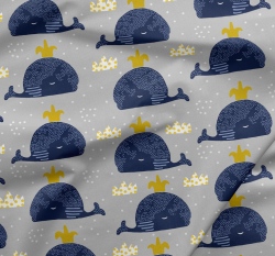 Teplákovina potisk velryby s vodotryskem na světle šedé