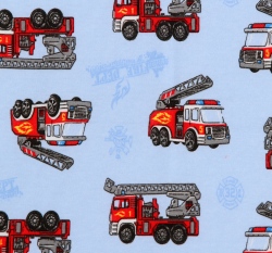 Bavlněný úplet hasičské auto na modré