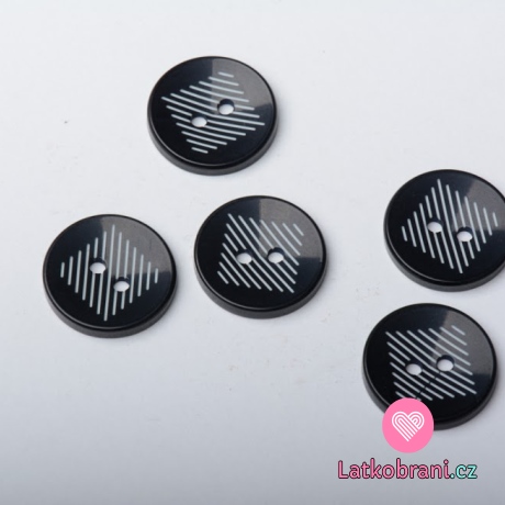 Knoflík kulatý, lesklý, černý s bílými proužky do tvaru čtverce