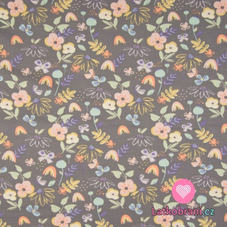 Úplet potisk květiny a lístky na šedé