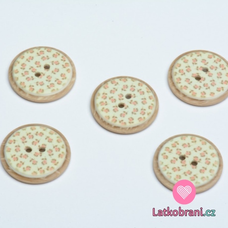 Knoflík imitace dřeva potisk růžičky na světle zelené