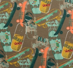 Teplákovina počesaná potisk skateboardy na taupové, BIO