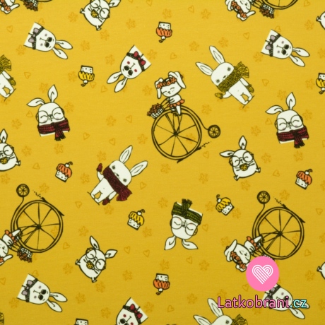 Teplákovina potisk neposední králíčci na hořčicovém podkladu