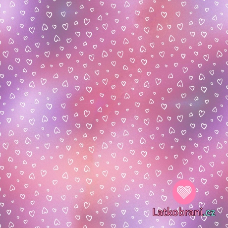 Teplákovina bílá srdíčka na magické růžové/levandulové 