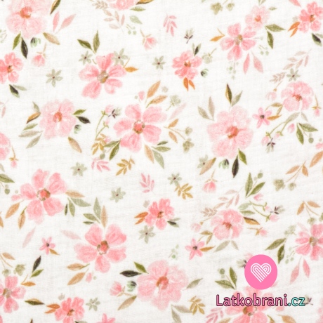 Dvojitá gázovina / mušelín růžové květy na bílé 