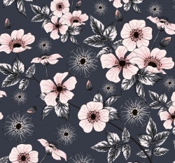 Úplet potisk růžové květy na tmavě šedé 