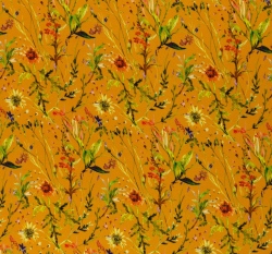 Viskóza potisk luční kvítí na hořčicové, hedvábný efekt