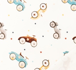 Teplákovina potisk retro barevná autíčka mezi hvězdičkami na bílé