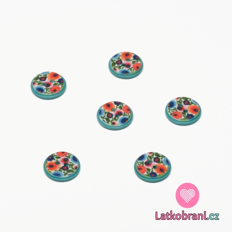 Knoflík kulatý potisk kytičky na modré