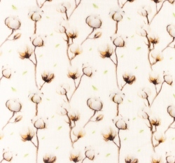 Dvojitá gázovina / mušelín větvičky bavlníku na bílé 