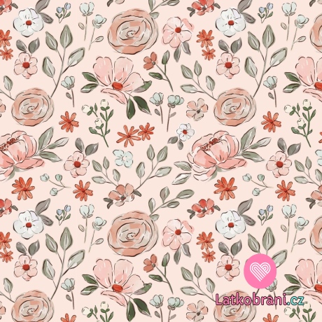 Dvojitá gázovina / mušelín růžové květiny na světle růžové 