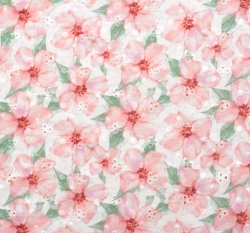 Bavlněná halenkovina potisk růžové květy na bílé 