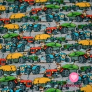 Teplákovina potisk veselé traktory při práci na šedé