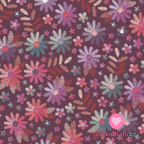 Úplet potisk "vyšívané" květiny na tmavé bordó 