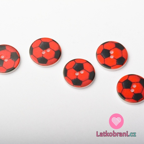 Knoflík kulatý, dětský, červený s fotbalovým míčem