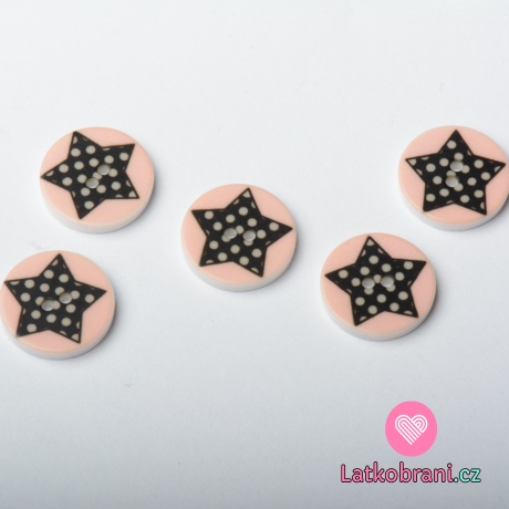 Knoflík kulatý, dětský, růžový s puntíkatou hvězdičkou