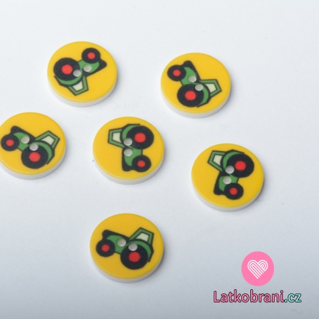 Knoflík kulatý, dětský traktůrek na žluté