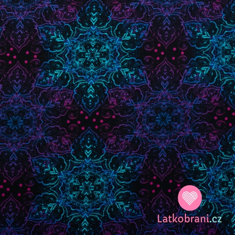 Teplákovina potisk elegantní mandaly ve tvaru sněhových vloček na černé