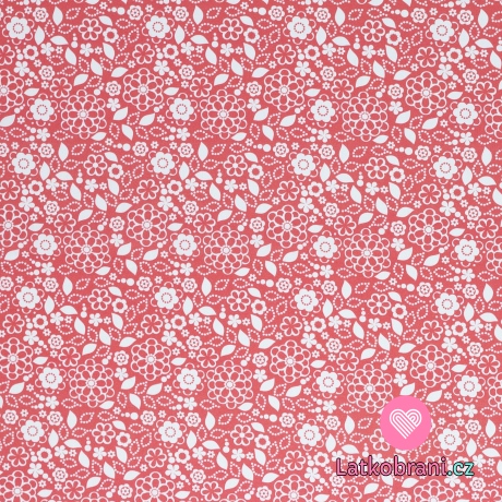 Bavlněné plátno bílé květy na lososově růžové 