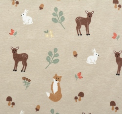 Žebrovaný úplet potisk lesní zvířátka na béžové