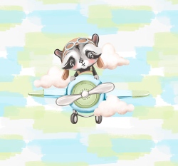 Panel medvídek mýval v letadle na modro - zeleném strakatém podkladu