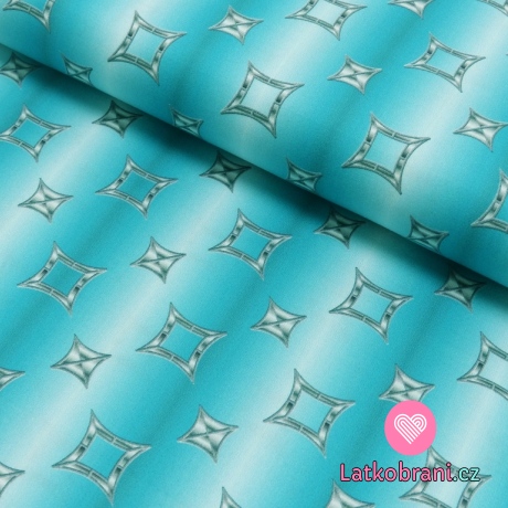 Bavlněný satén čtyřcípé hvězdy na modro - bílých proužcích
