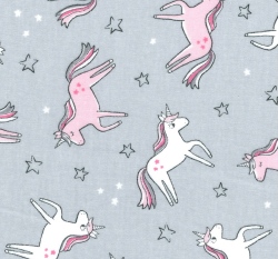 Bavlněný úplet jednorožci na šedé