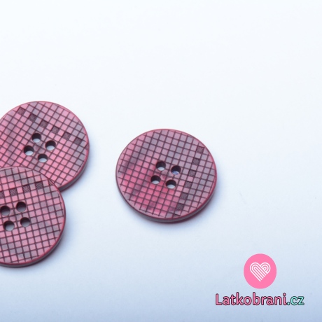 Knoflík kulatý, lesklý, kostičkovaný bordó
