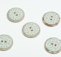 Knoflík imitace dřeva potisk růžičky na světle modré