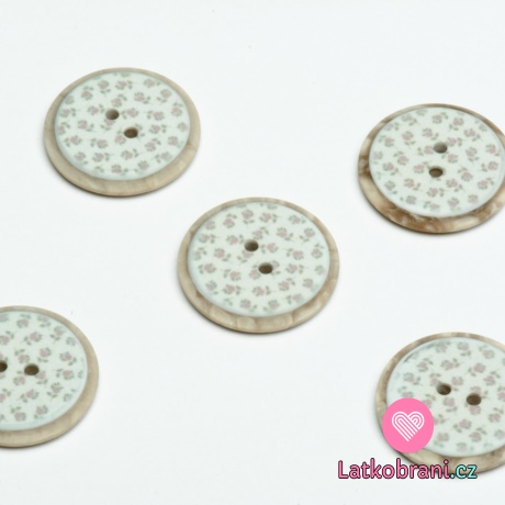 Knoflík imitace dřeva potisk růžičky na světle modré
