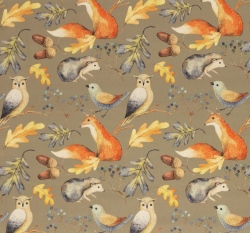 Bavlněné plátno potisk zvířátka na podzim na kapučínové