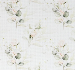 Bavlněný vaflový úplet potisk béžový eukalyptus na bílé