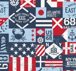 Teplákovina potisk námořnické motivy na světle modré 