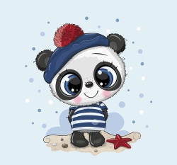 Panel panda v pruhovaném triku a modré čepici