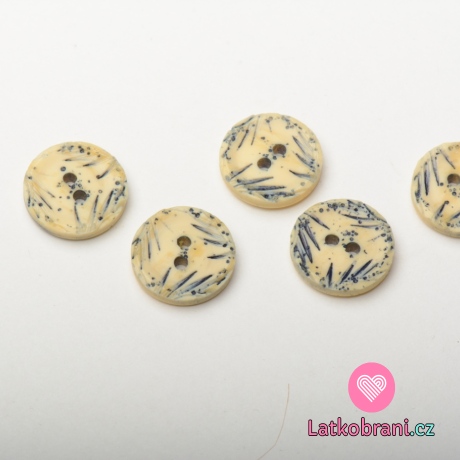 Knoflík kulatý, modrý s lístečky - malý