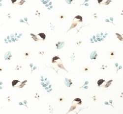 Popelín potisk ptáčci mezi větvičkami na bílé