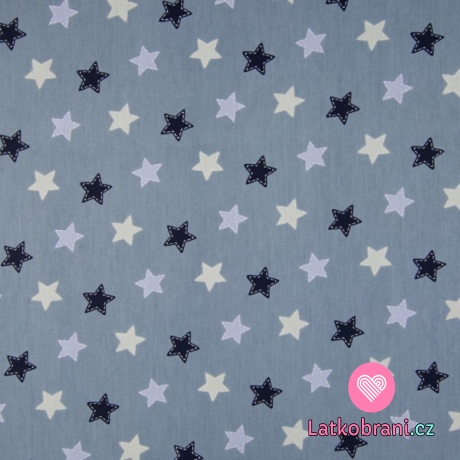 Bavlněný popelín potisk hvězdičky na zaprášené modré