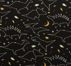 Teplákovina počesaná potisk souhvězdí dinosaurů na černé