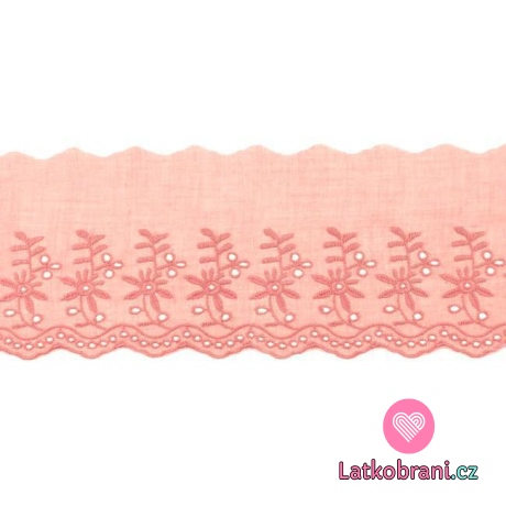 Bavlněná krajka s vyšívanými dvojitými květy 90 mm starorůžová