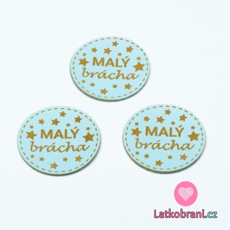Štítek na oblečení kulatý "malý brácha", koženkový, imitace kůže, modrý
