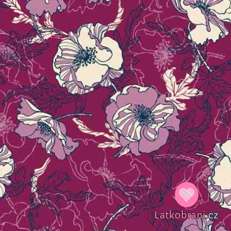 Viskózový úplet potisk květy na vínové