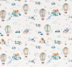 Úplet potisk horkovzdušný balón a letadlo nad krajinou na bílé 