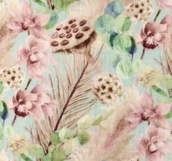 Dvojitá gázovina / mušelín květinová malba na světle modré 