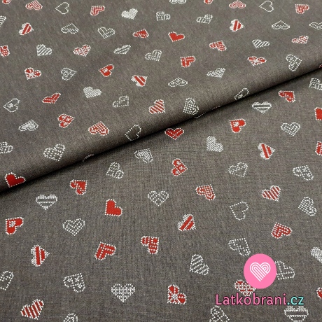 Bavlněné plátno červeno - bílá srdíčka na šedé