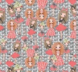 Teplákovina potisk dívky mezi černými puntíky na bílé 