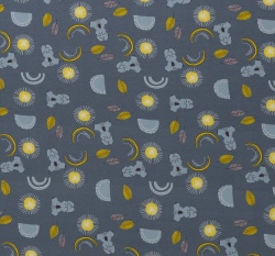 Úplet potisk koaly mezi sluníčky, lístečky a duhami na šedé